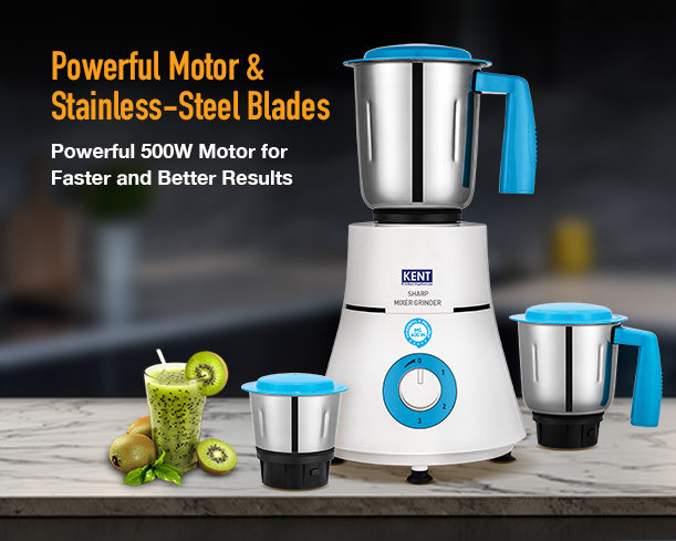 Kent Sharp Mixer Grinder with stainless steel jars and multiple speed settings, ideal for blending and grinding tasks.