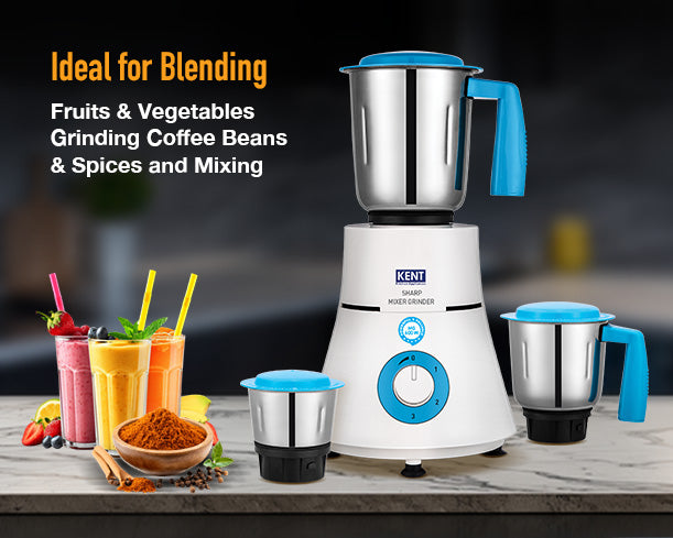Kent Sharp Mixer Grinder with stainless steel jars and sleek design, ideal for blending and grinding in the kitchen.