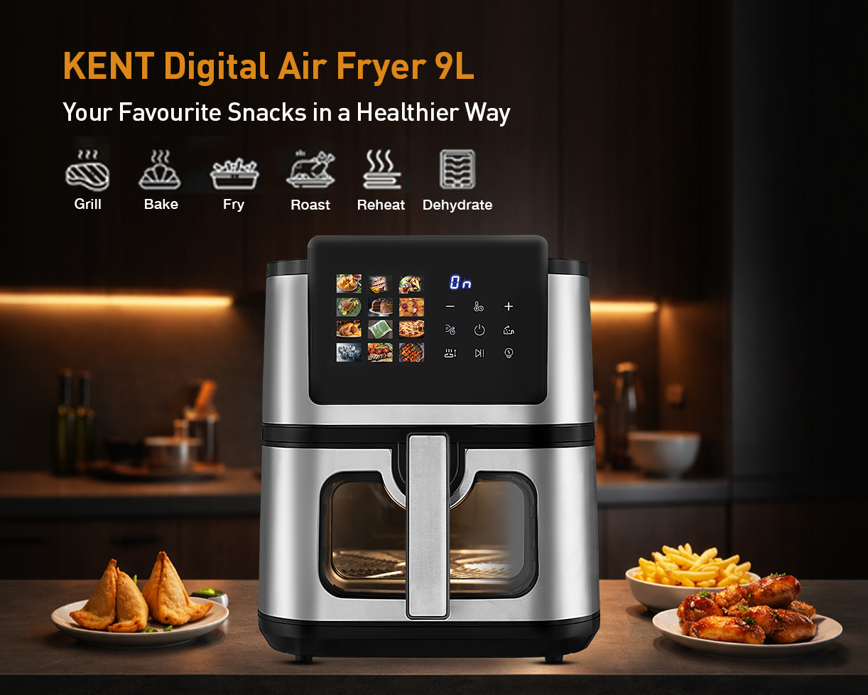 Kent digital air fryer with 9L capacity, featuring digital controls and stainless steel finish for healthy frying.
