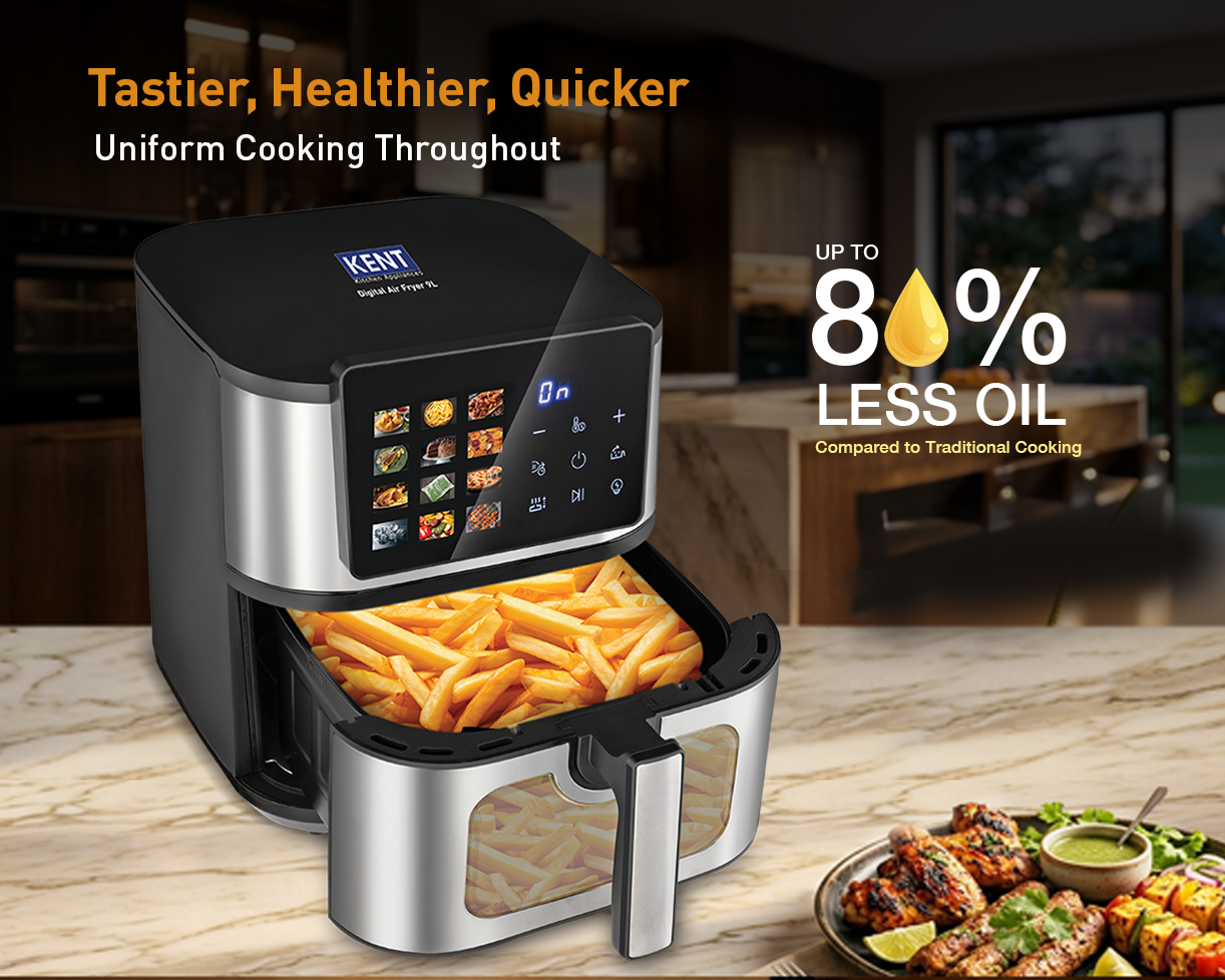 Kent Digital Air Fryer 9L, countertop appliance with digital controls and spacious 9-liter capacity for healthy frying.