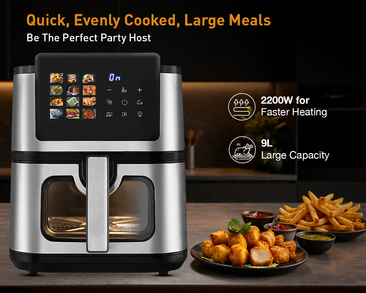 Kent Digital Air Fryer 9L, black countertop appliance with digital display and controls for healthy frying.