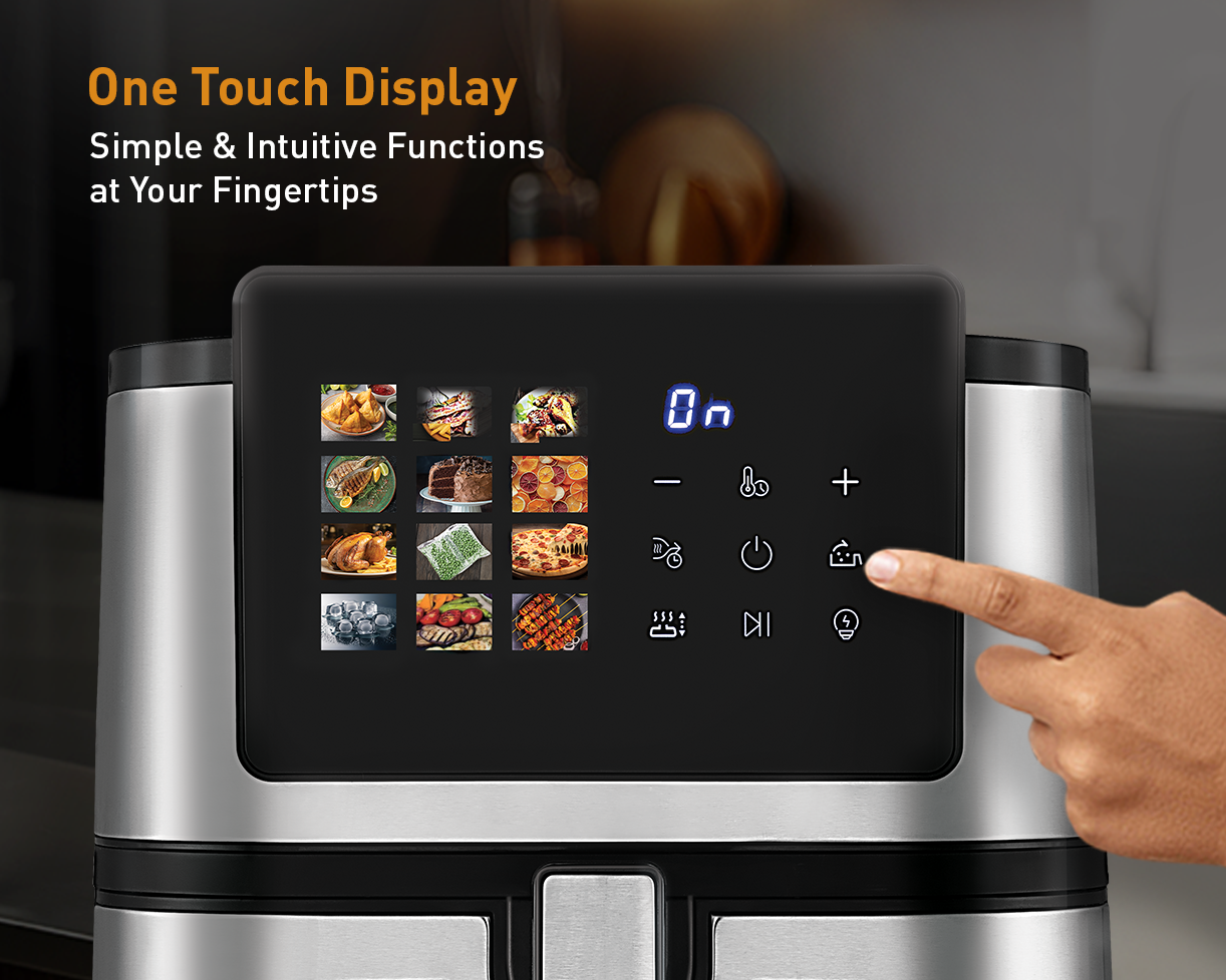 Kent digital air fryer with a 9L capacity, featuring a sleek design and digital control panel for healthy cooking.