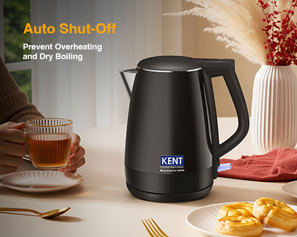Kent Bliss electric kettle with stainless steel body and ergonomic handle, ready for boiling water in the kitchen.