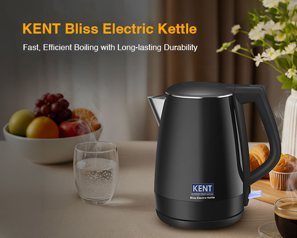 Kent Bliss Electric Kettle, a sleek stainless steel kitchen appliance with a transparent water window and ergonomic handle.