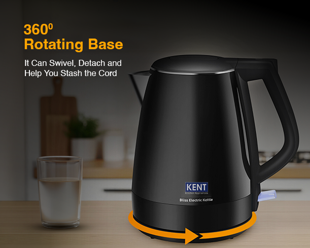 Kent Bliss Electric Kettle from Kent RO Systems, showing a sleek stainless steel electric kettle with a black handle and lid.