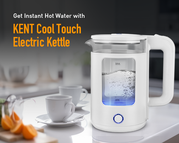 Kent Cool Touch Glass Kettle from Kent RO Systems with a clear glass body and cool touch handle for safe boiling.