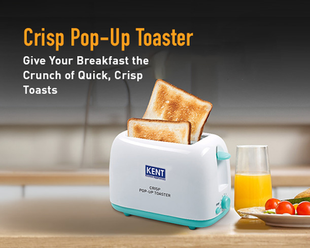 Kent Crisp Pop-Up Toaster with two slots, white finish, and control knob for toasting bread and bagels.