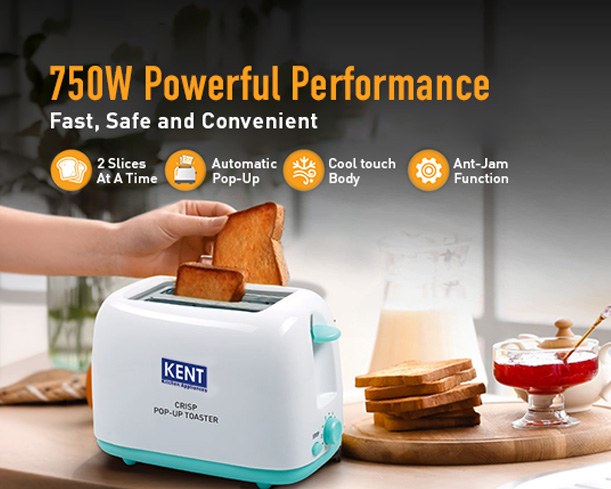 Kent Crisp Pop-Up Toaster with stainless steel finish and wide slots for toasting bread and bagels.