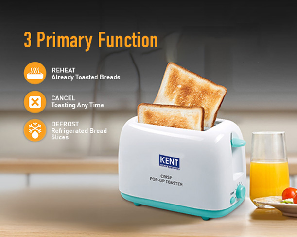 Kent Crisp Pop-Up Toaster with stainless steel finish and two wide slots for toasting bread slices.