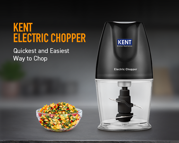 Kent Electric Chopper by Kent RO Systems, showcasing a sleek black kitchen appliance with a transparent chopping bowl and control buttons.