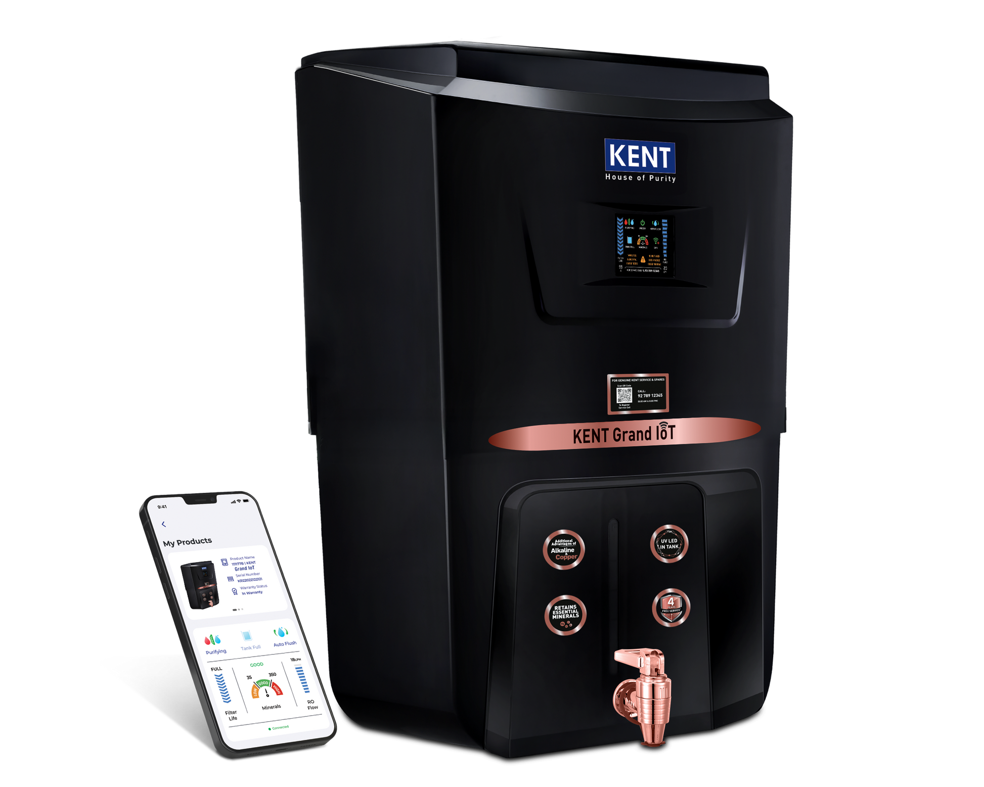 Kent Grand IoT RO Water Purifier with digital display and sleek design, showcasing the modern water purification system.