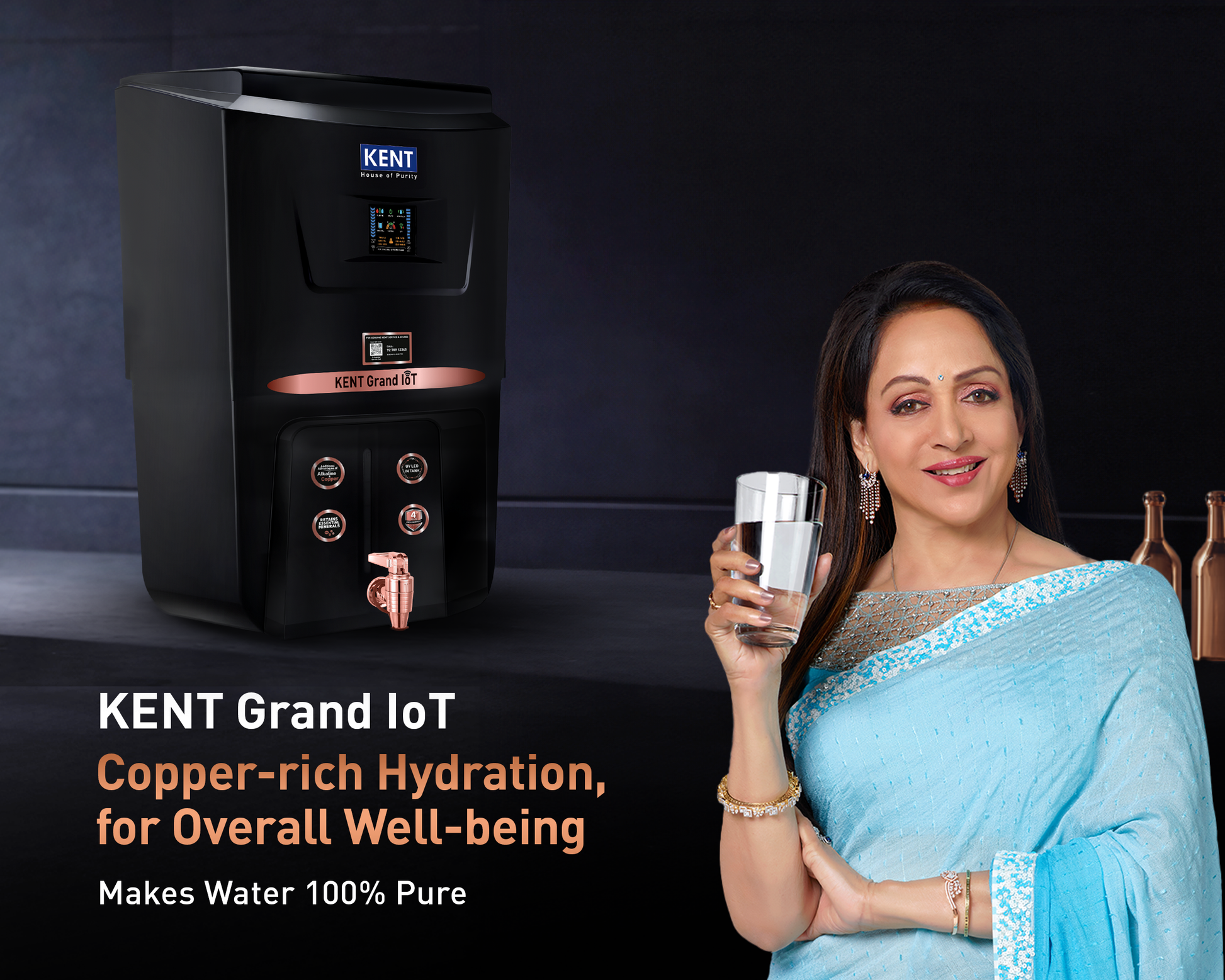 KENT Grand IoT RO Water Purifier with digital display and sleek design, featuring multiple filters and a user-friendly interface.