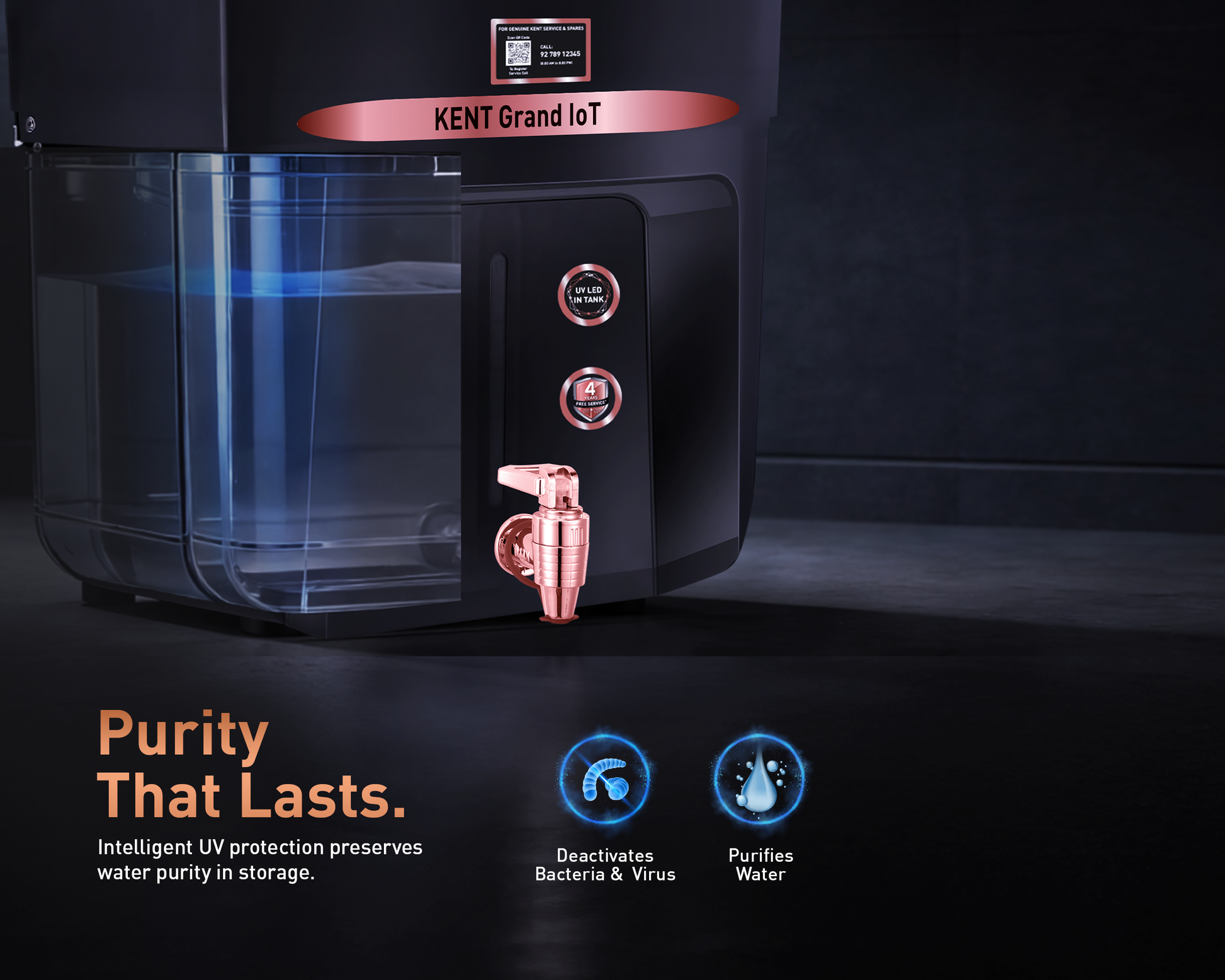 Kent Grand IoT RO water purifier with digital display and sleek white design for clean, safe drinking water.