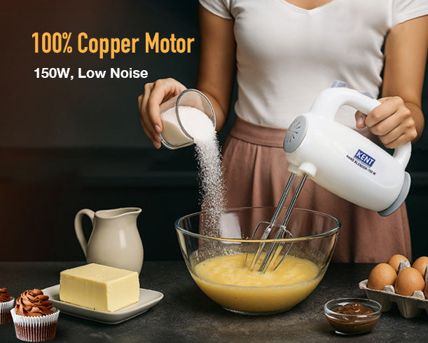 Kent Hand Blender 150W with stainless steel blending arm and control switch, compact kitchen appliance for blending and mixing.