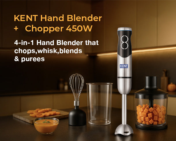 Kent Hand Blender and Chopper with 450W motor, showing the sleek black handle and stainless steel blending shaft.