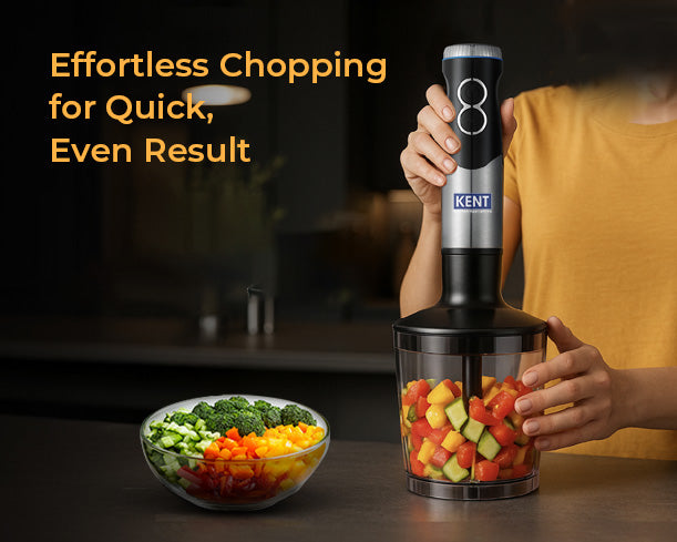 Kent Hand Blender and Chopper with 450W motor, featuring a sleek design and stainless steel blades for efficient blending and chopping.