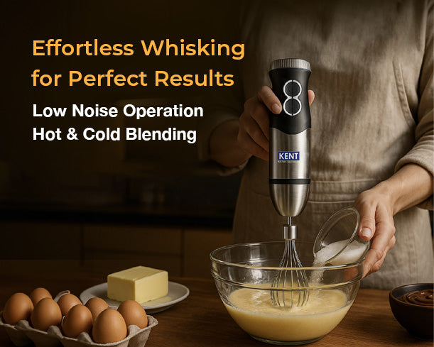 Kent hand blender and chopper with 450W motor, showing the sleek handheld appliance and chopping attachments.