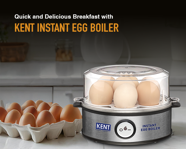 KENT Egg Boiler by Kent RO Systems showing a compact electric egg cooker with boiled eggs on top and control buttons.