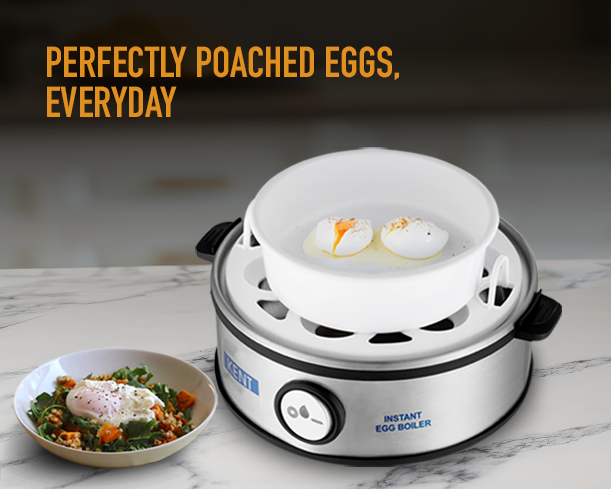 KENT Instant Egg Boiler from Kent RO Systems showing a compact kitchen appliance with control buttons and egg racks inside.