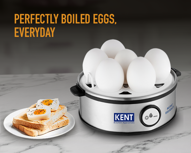 KENT Instant Egg Boiler by Kent RO Systems showing white plastic egg boiler with control buttons and six eggs inside.
