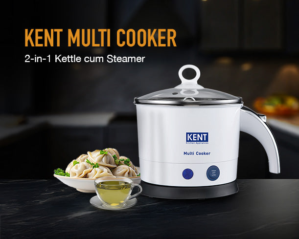 Kent Multi Cooker from Kent RO Systems with digital display and multiple cooking functions, shown on a kitchen countertop.