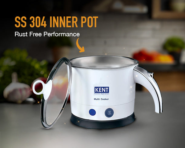 Kent Multi Cooker from Kent RO Systems with digital controls and multiple cooking functions, shown with various accessories.