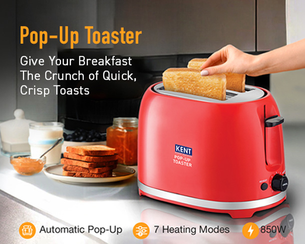Red Kent pop-up toaster with two slots and control dial, designed for easy toasting and bread browning.