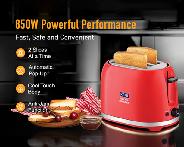 Red Kent pop-up toaster with four slots, stainless steel finish, and control dials for toasting bread and bagels.