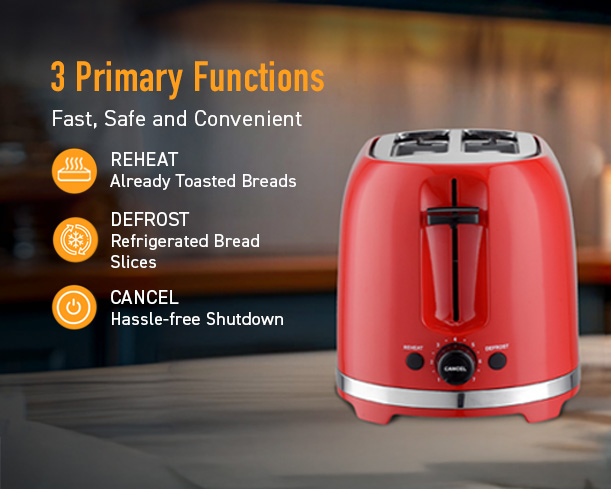 Red Kent pop-up toaster with four slots, featuring a sleek design and control buttons for toasting bread.
