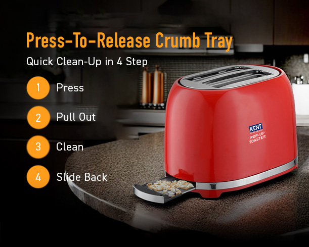 Red Kent pop-up toaster with four slots, stainless steel finish, and control knobs for browning and defrost functions.