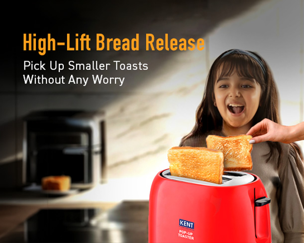 Red Kent pop-up toaster with two slots, modern design, and manual control buttons for toasting bread.