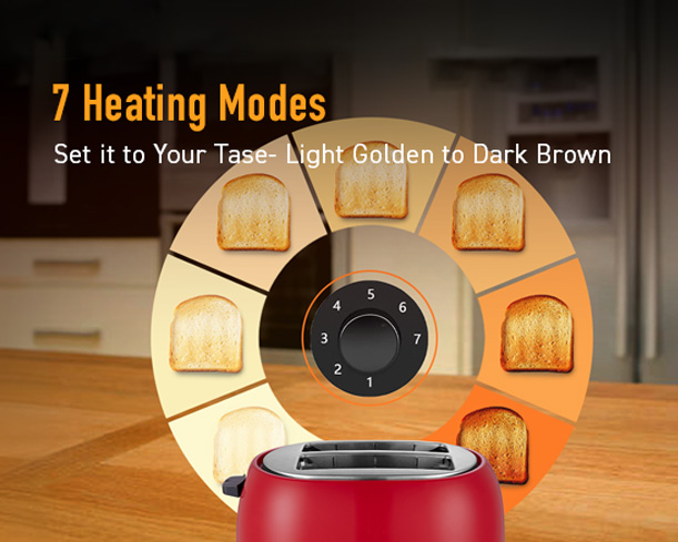 Red Kent pop-up toaster with slots for bread, control lever, and browning dial, designed for easy toasting.