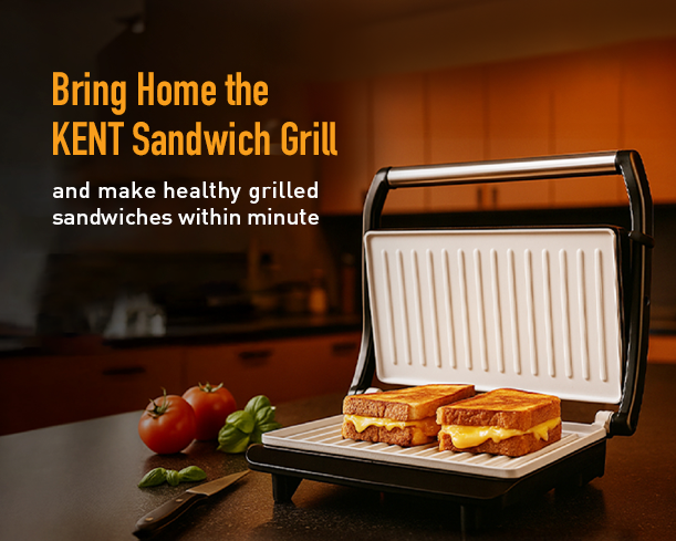 Kent sandwich grill with non-stick plates and compact design, perfect for making toasted sandwiches at home.