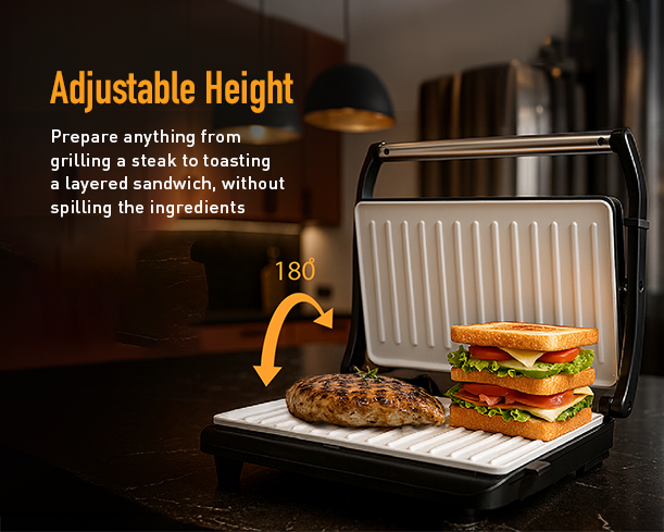 Kent Sandwich Grill with black non-stick plates and adjustable temperature control for quick, even toasting.