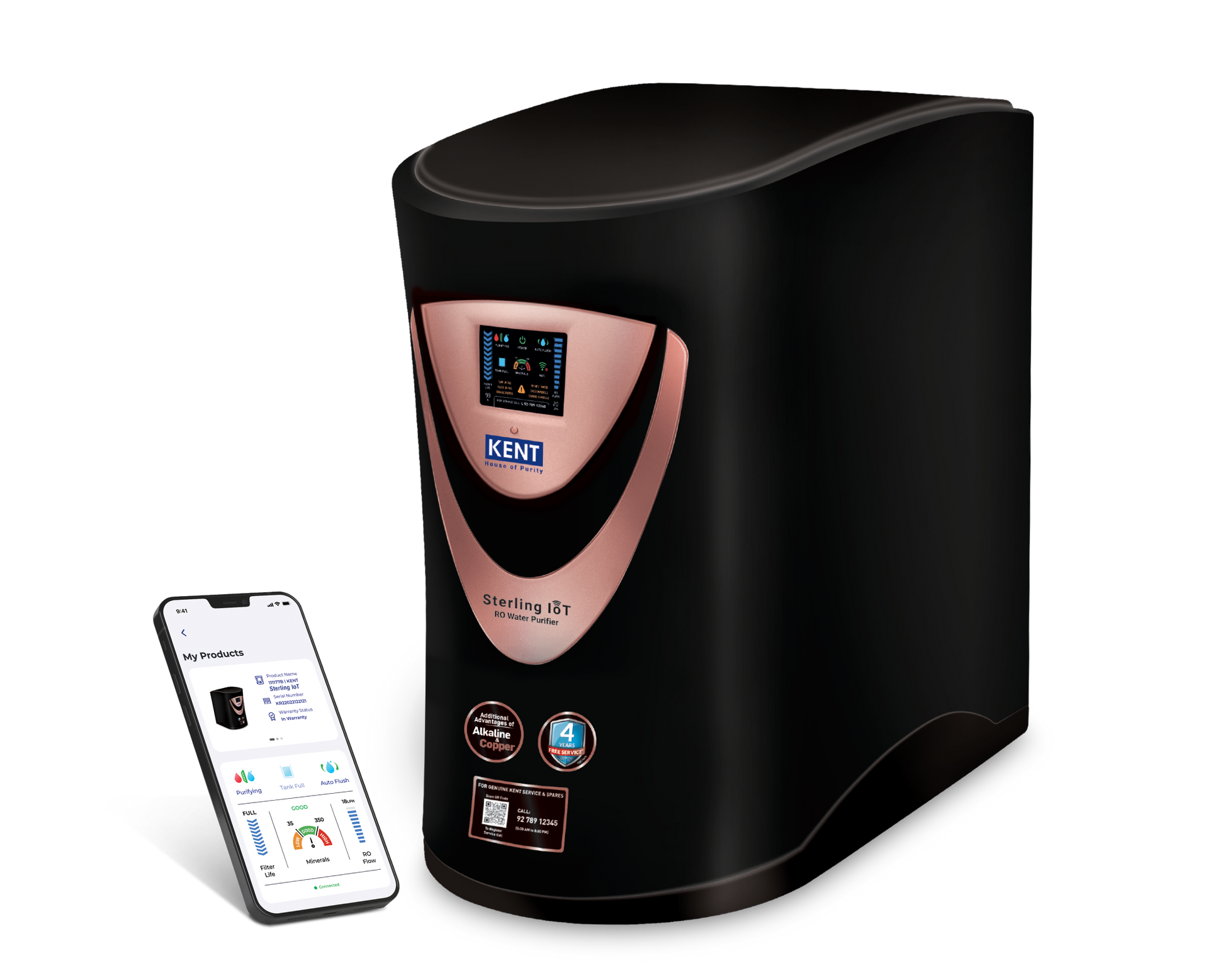 Kent Sterling IoT water purifier with digital display and sleek design, showcasing the modern Kent RO Systems device for clean drinking water.