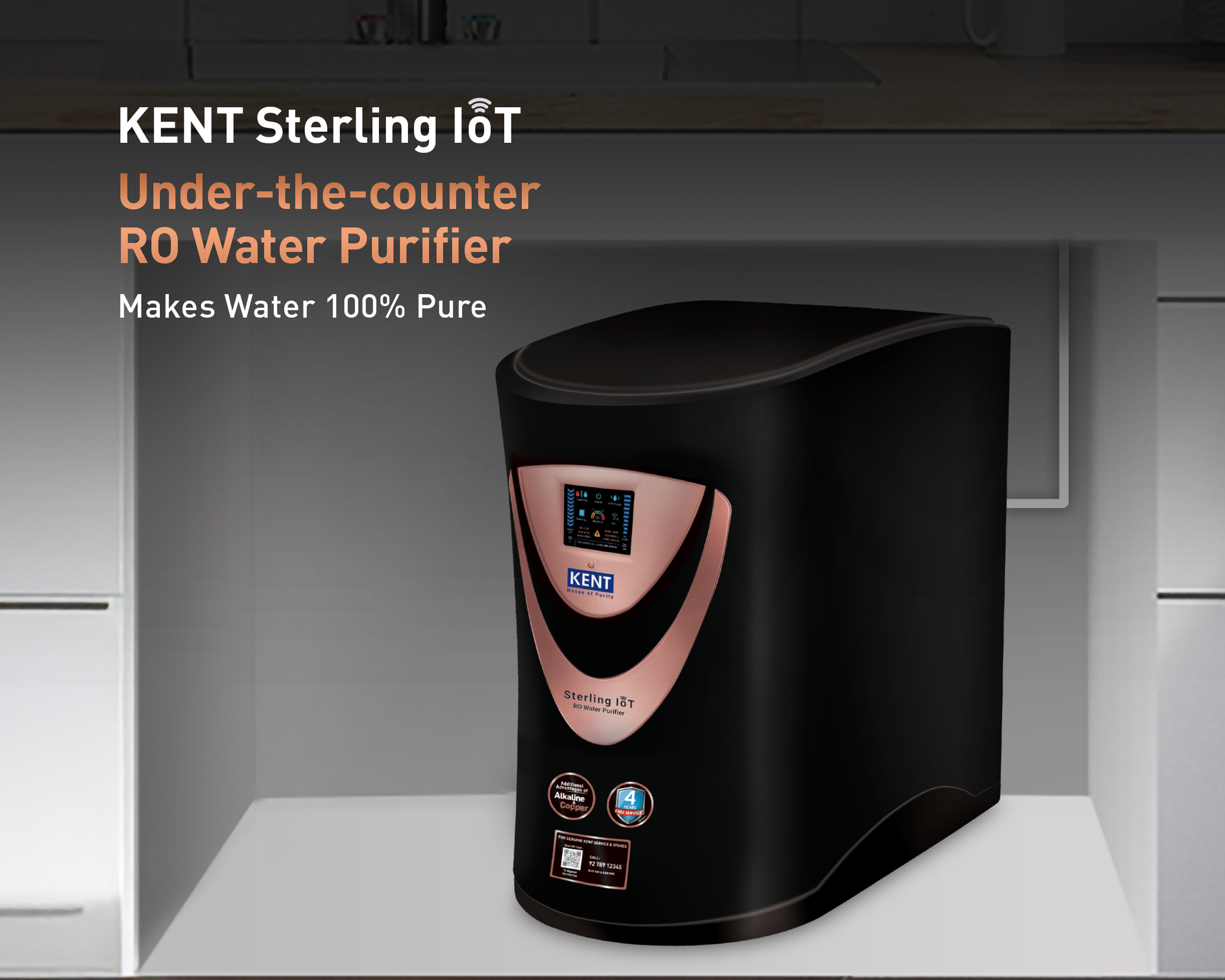 Kent Sterling IoT RO Water Purifier with digital display and sleek design, showcasing its modern water filtration system.