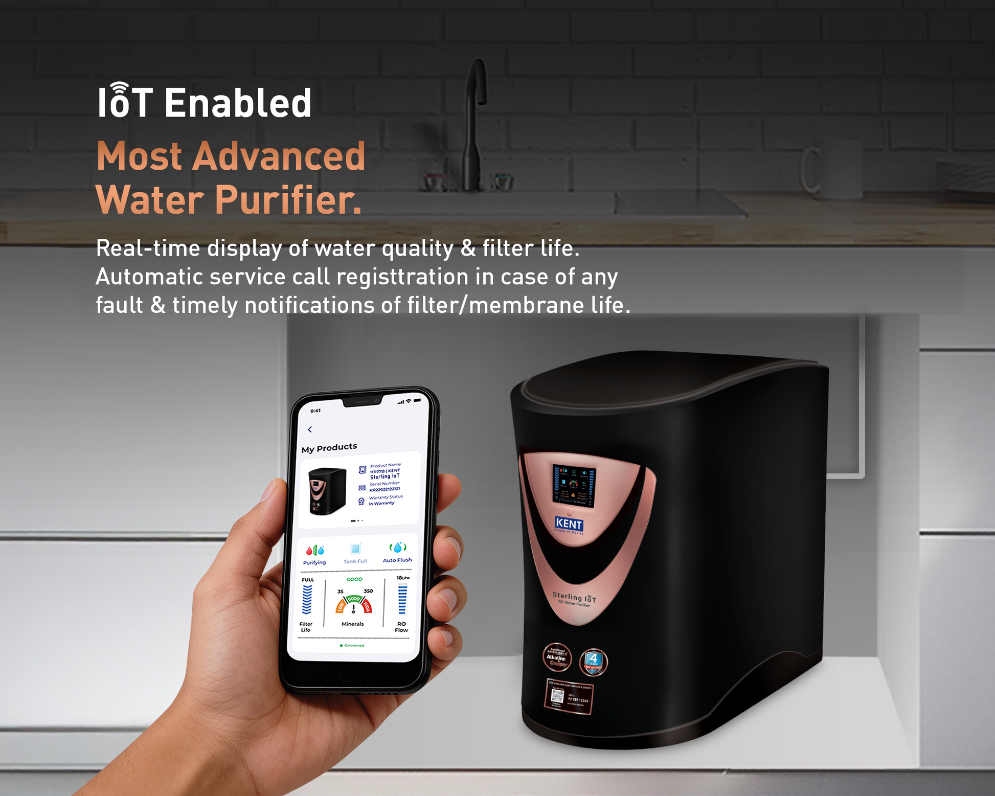 Kent Sterling IoT RO water purifier with digital display and sleek design for clean, purified drinking water.