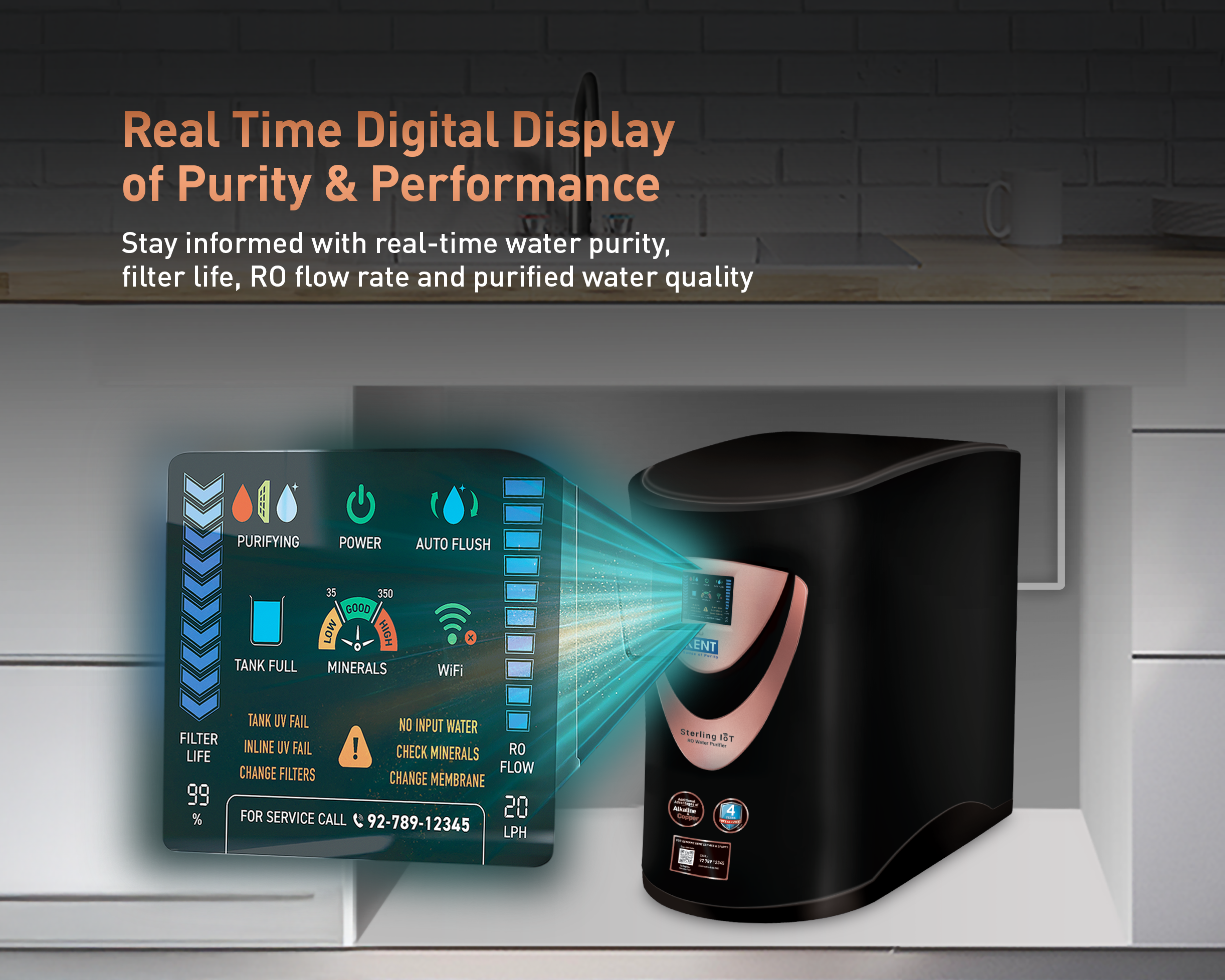 Kent Sterling IoT RO water purifier with digital display and sleek design, showcasing the advanced filtration system.