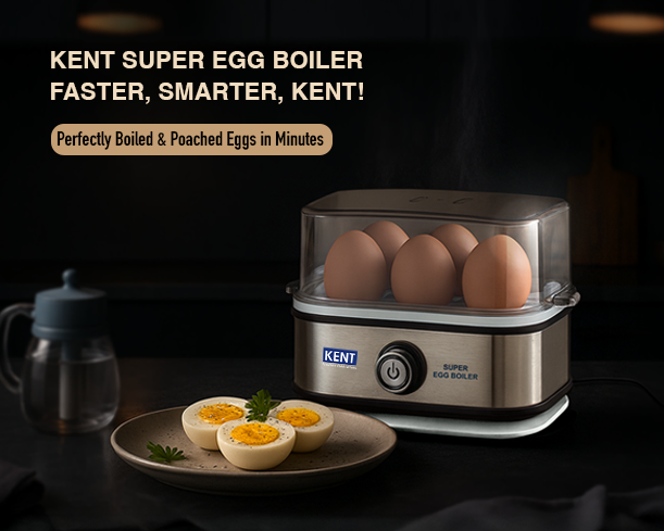 KENT Super Egg Boiler from Kent RO Systems showing stainless steel egg cooker with control panel and eggs inside.