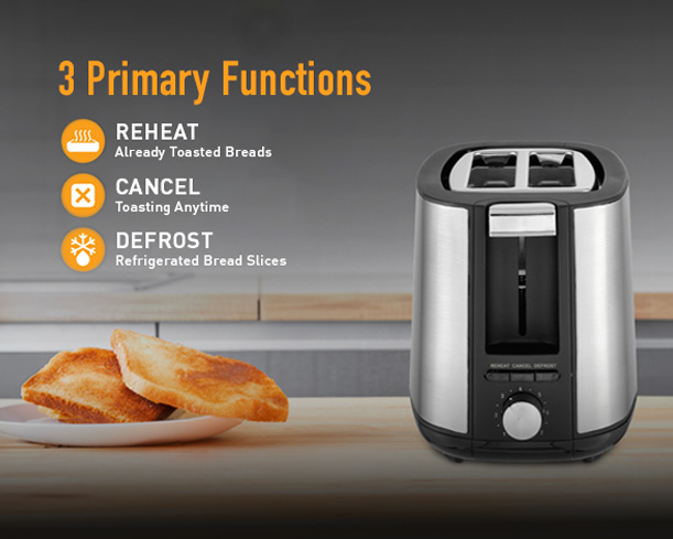 Silver KENT pop-up toaster with two slots and control knob for toasting bread, by Kent RO Systems.