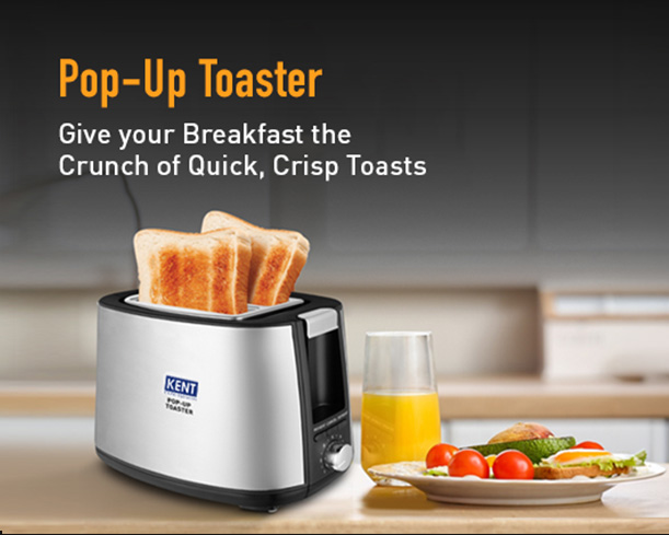 Silver Kent pop-up toaster with four slots and control buttons, designed for even toasting and easy operation.