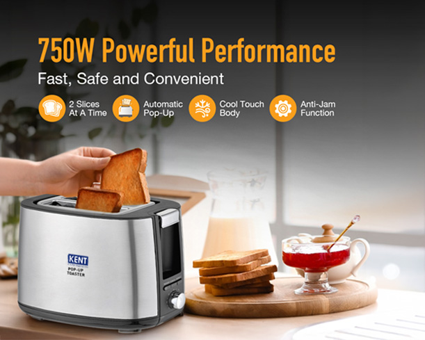 Silver Kent pop-up toaster with two slots, featuring control buttons and a sleek modern design.