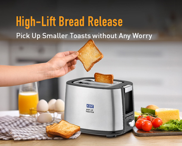 Silver Kent pop-up toaster with two slots and control dial, showcasing its sleek design and easy operation.
