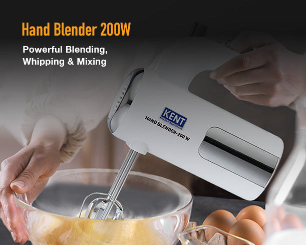 Kent Hand Blender 200W with ergonomic handle and stainless steel blending shaft for smooth mixing and pureeing.
