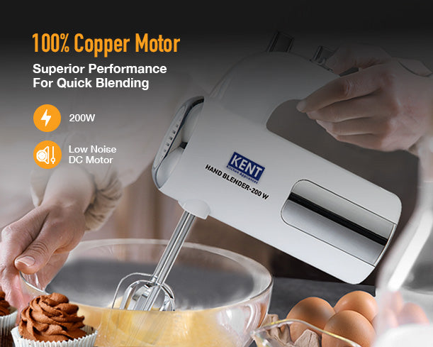 Kent hand blender with 200W motor, featuring a sleek design and blending attachment for efficient kitchen use.
