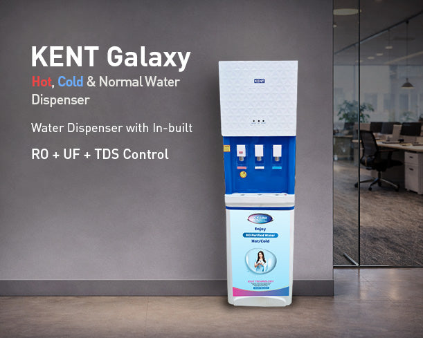 Diagram showing features of the Kent Galaxy RO Water Purifier with filtration process and water purification technology.