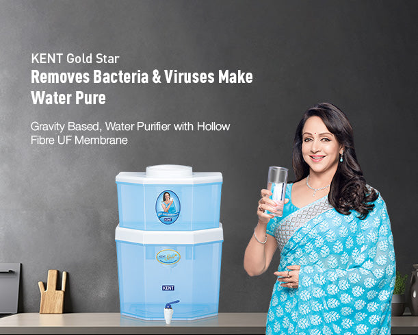 Infographic showing features of the Kent Gold Star Gravity Water Purifier with filtration process and design details.