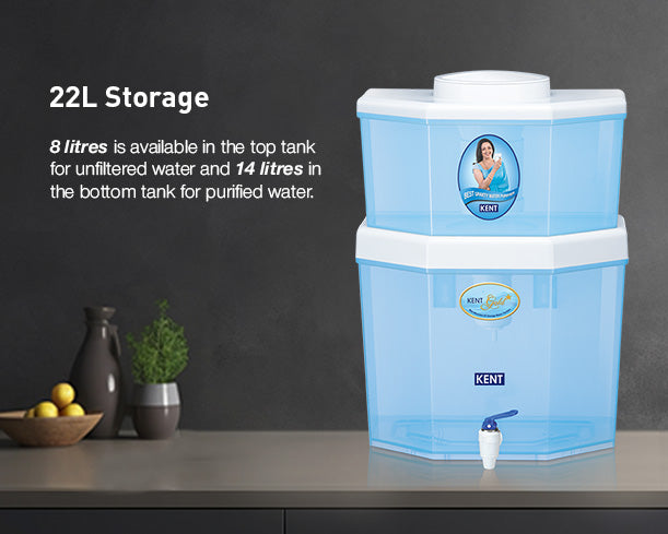 Infographic showing features of Kent Gold Star Gravity Water Purifier, including filtration process and water purification benefits.