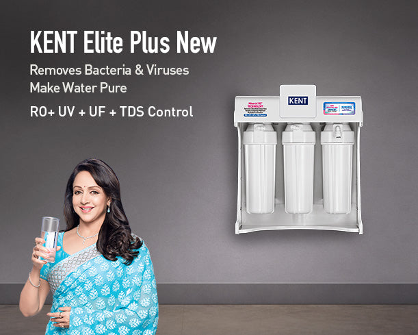 Infographic showing features of the KENT Elite Plus New water purifier from Kent RO Systems.