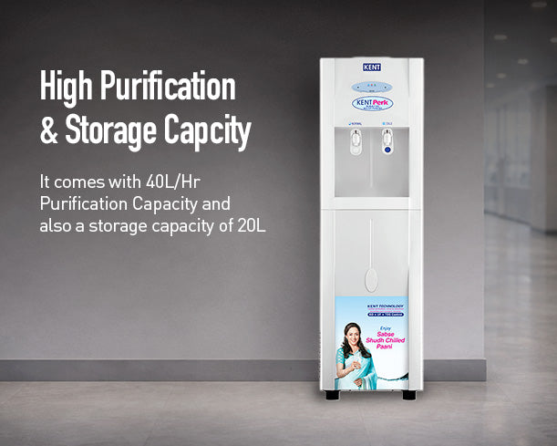 Infographic explaining how the Kent Perk RO Water Purifier by Kent RO Systems filters and purifies tap water for clean drinking water.